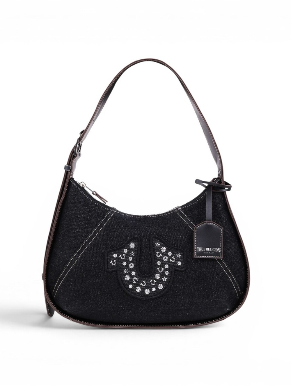 True Religion Black Denim Shoulder Bag with Studded Horseshoe Emblem